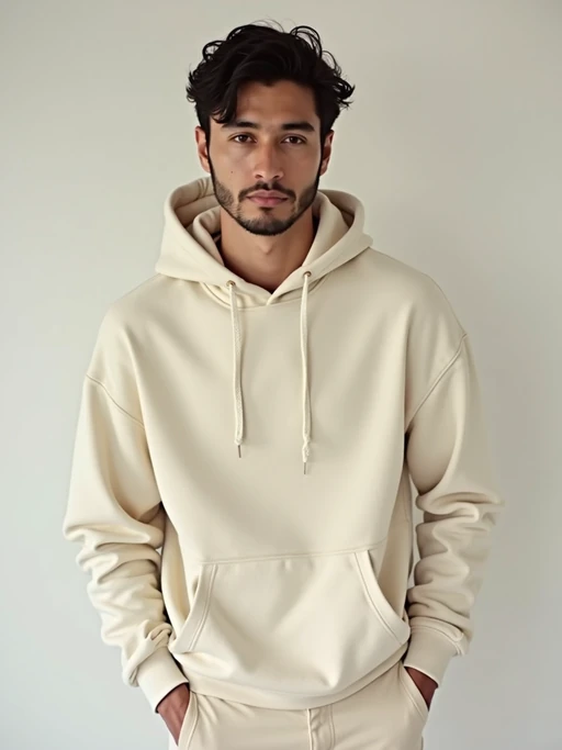 model wearing if(gender=f){cropped cream hoodie} if(gender=m){cream hoodie} in try on fashion shoot for Zara Shein H&M
