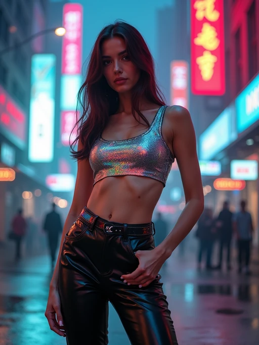 model wearing sleek leather pants with neon highlights and holographic top in a Bladerunner-inspired cityscape
