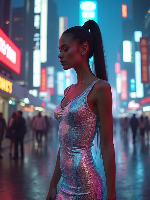 model wearing if(gender=f){holographic bodycon dress} if(gender=m){holographic nightclub outfit} in a cybernetic cityscape
