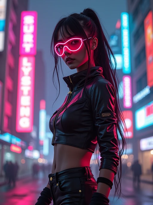 cyberpunk model with futuristic cyberpunk neon clothes standing in cyberpunk city with neon lights city on Mars in future, neon billboards, skyscrapers