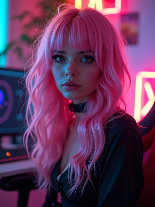 amazingly detailed model, masterpiece, ultra hd, full shot, dynamic angle, beautiful girl, computer gamer, gaming computer, gaming chair, playing cyberpunk 2077, neon bedroom, streamer setup, , cyberpunk theme, wild long hair, Wavy Cut with Curtain Bangs, bubblegum pink hair, high detail hair, smokey eye shadow, high detail skin, high detail eyes, seductive eyes, smokey makeup