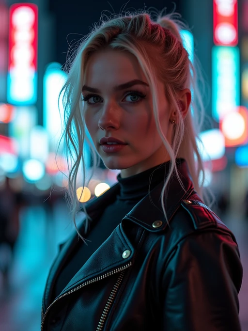 cosplayer model in a cyberpunk outfit, posing against the backdrop of bright city lights
