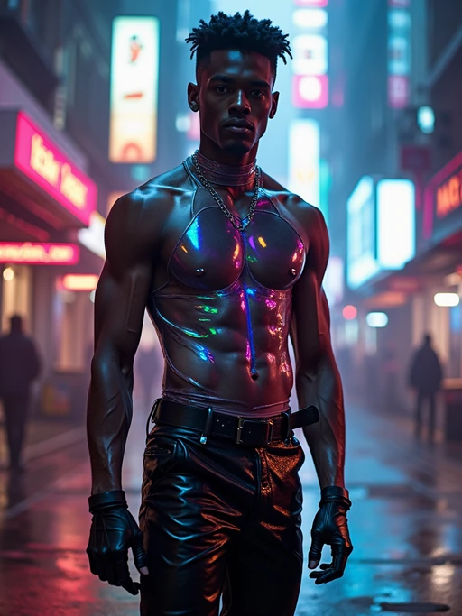 model wearing sleek leather pants with neon highlights and holographic top in a Bladerunner-inspired cityscape