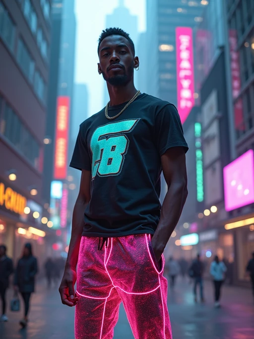 model wearing sporty neon if(gender=f){crop top} if(gender=m){t-shirt} and holographic joggers in a dystopian digital cityscape