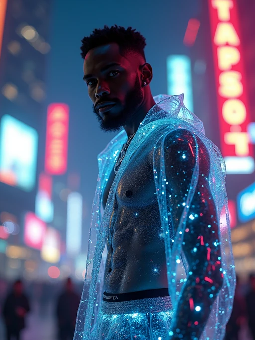 model wearing if(gender=f){holographic bodycon dress} if(gender=m){holographic nightclub outfit} in a cybernetic cityscape