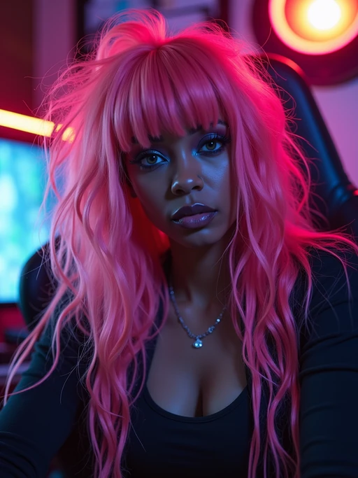 amazingly detailed model, masterpiece, ultra hd, full shot, dynamic angle, beautiful girl, computer gamer, gaming computer, gaming chair, playing cyberpunk 2077, neon bedroom, streamer setup, , cyberpunk theme, wild long hair, Wavy Cut with Curtain Bangs, bubblegum pink hair, high detail hair, smokey eye shadow, high detail skin, high detail eyes, seductive eyes, smokey makeup
