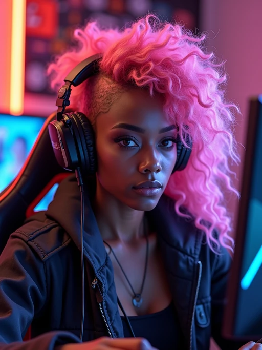 amazingly detailed model, masterpiece, ultra hd, full shot, dynamic angle, beautiful girl, computer gamer, gaming computer, gaming chair, playing cyberpunk 2077, neon bedroom, streamer setup, , cyberpunk theme, wild long hair, Wavy Cut with Curtain Bangs, bubblegum pink hair, high detail hair, smokey eye shadow, high detail skin, high detail eyes, seductive eyes, smokey makeup