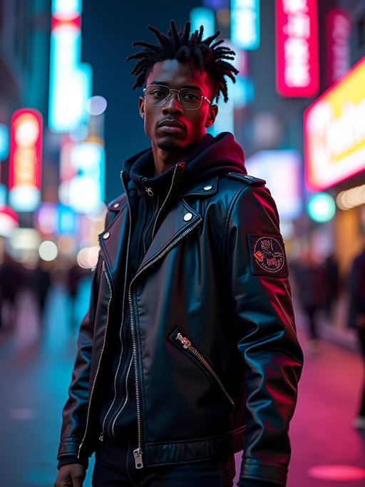 cosplayer model in a cyberpunk outfit, posing against the backdrop of bright city lights
