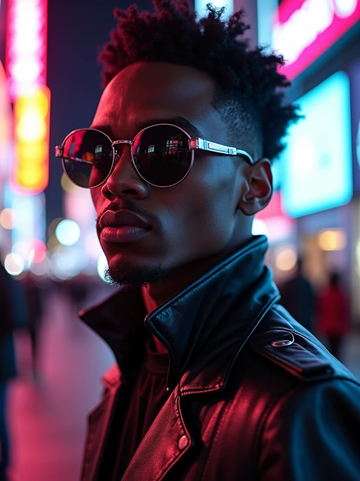 cosplayer model in a cyberpunk outfit, posing against the backdrop of bright city lights