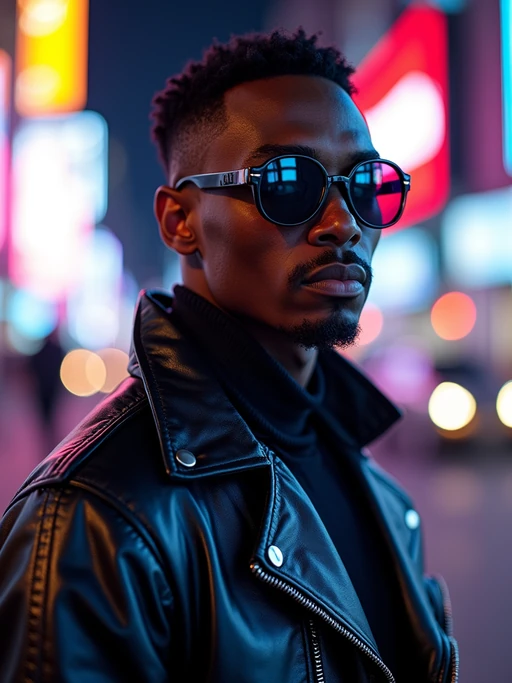 cosplayer model in a cyberpunk outfit, posing against the backdrop of bright city lights