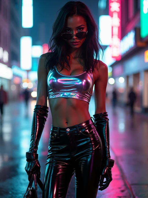 model wearing sleek leather pants with neon highlights and holographic top in a Bladerunner-inspired cityscape