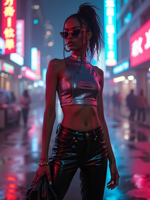 model wearing sleek leather pants with neon highlights and holographic top in a Bladerunner-inspired cityscape