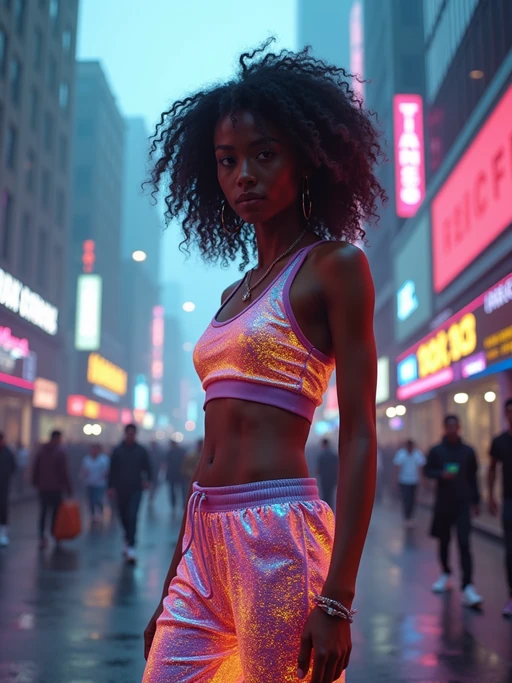 model wearing sporty neon if(gender=f){crop top} if(gender=m){t-shirt} and holographic joggers in a dystopian digital cityscape