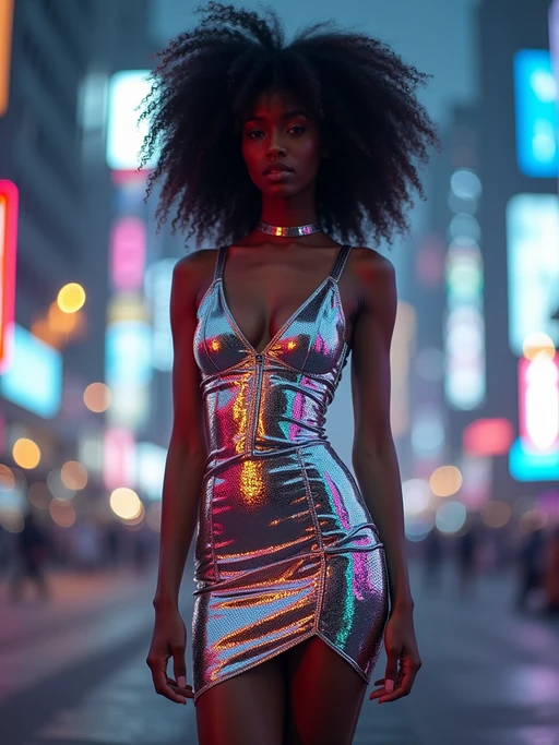 model wearing if(gender=f){holographic bodycon dress} if(gender=m){holographic nightclub outfit} in a cybernetic cityscape