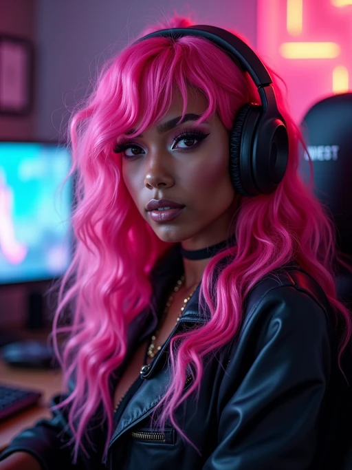amazingly detailed model, masterpiece, ultra hd, full shot, dynamic angle, beautiful girl, computer gamer, gaming computer, gaming chair, playing cyberpunk 2077, neon bedroom, streamer setup, , cyberpunk theme, wild long hair, Wavy Cut with Curtain Bangs, bubblegum pink hair, high detail hair, smokey eye shadow, high detail skin, high detail eyes, seductive eyes, smokey makeup