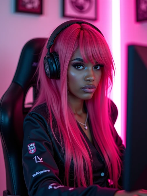 amazingly detailed model, masterpiece, ultra hd, full shot, dynamic angle, beautiful girl, computer gamer, gaming computer, gaming chair, playing cyberpunk 2077, neon bedroom, streamer setup, , cyberpunk theme, wild long hair, Wavy Cut with Curtain Bangs, bubblegum pink hair, high detail hair, smokey eye shadow, high detail skin, high detail eyes, seductive eyes, smokey makeup