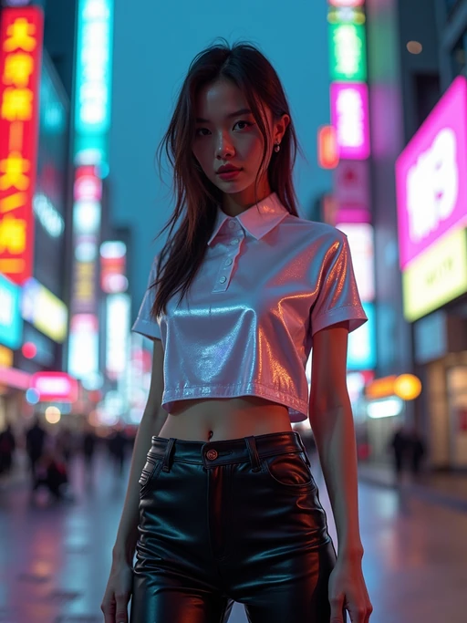 model wearing sleek leather pants with neon highlights and holographic top in a Bladerunner-inspired cityscape