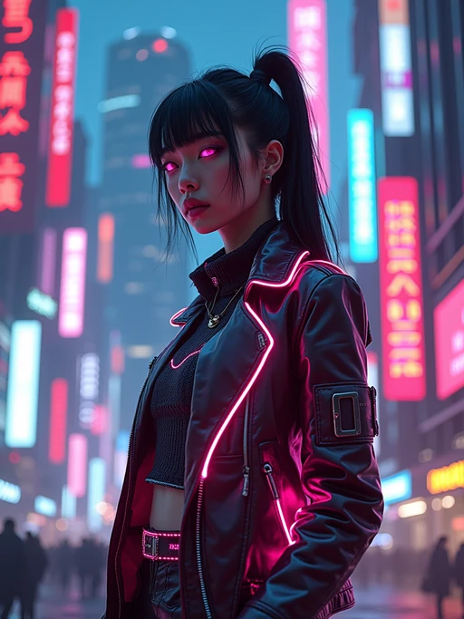 cyberpunk model with futuristic cyberpunk neon clothes standing in cyberpunk city with neon lights city on Mars in future, neon billboards, skyscrapers