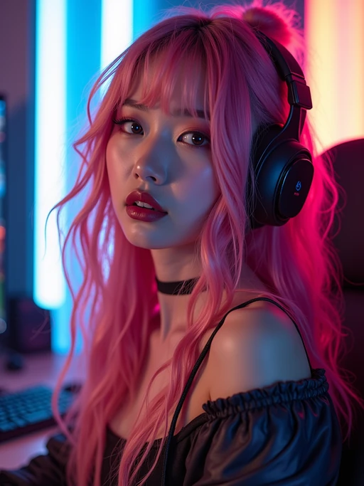 amazingly detailed model, masterpiece, ultra hd, full shot, dynamic angle, beautiful girl, computer gamer, gaming computer, gaming chair, playing cyberpunk 2077, neon bedroom, streamer setup, , cyberpunk theme, wild long hair, Wavy Cut with Curtain Bangs, bubblegum pink hair, high detail hair, smokey eye shadow, high detail skin, high detail eyes, seductive eyes, smokey makeup