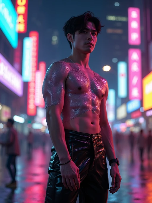 model wearing sleek leather pants with neon highlights and holographic top in a Bladerunner-inspired cityscape
