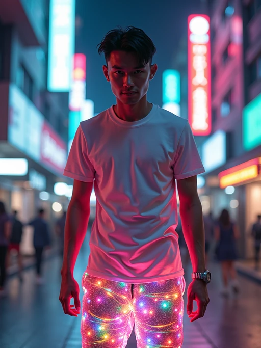 model wearing sporty neon if(gender=f){crop top} if(gender=m){t-shirt} and holographic joggers in a dystopian digital cityscape
