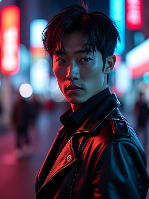 cosplayer model in a cyberpunk outfit, posing against the backdrop of bright city lights