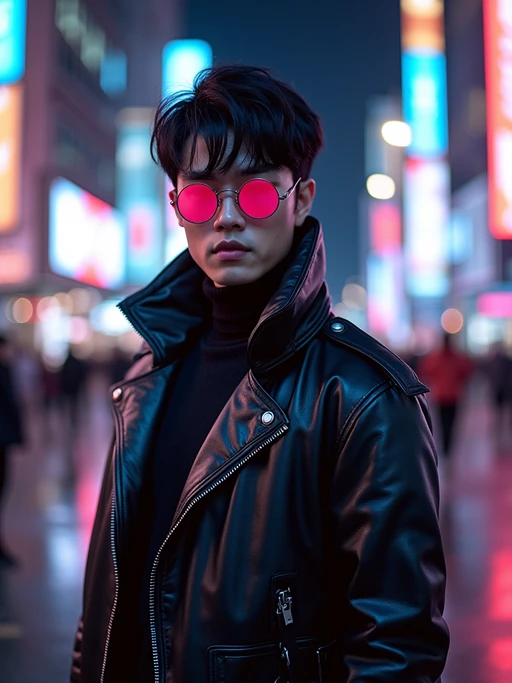 cosplayer model in a cyberpunk outfit, posing against the backdrop of bright city lights