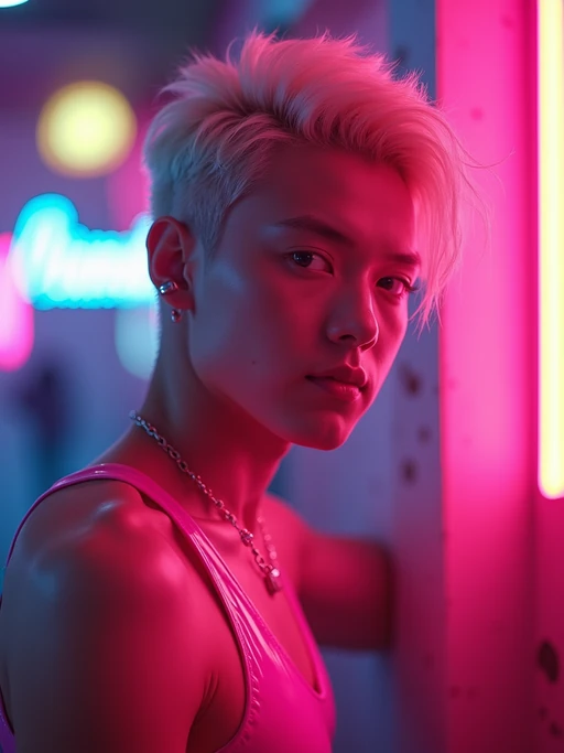 model with platinum blonde hair, in neon bar, cyberpunk, pink latex crop top, professional award winning photography, beautiful detailed eyes, highly detailed glossy eyes, high detailed skin, skin pores