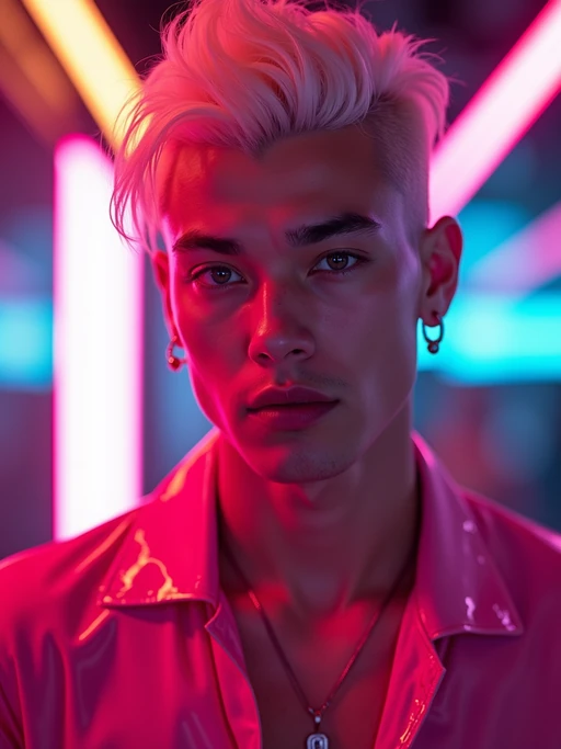 model with platinum blonde hair, in neon bar, cyberpunk, pink latex crop top, professional award winning photography, beautiful detailed eyes, highly detailed glossy eyes, high detailed skin, skin pores