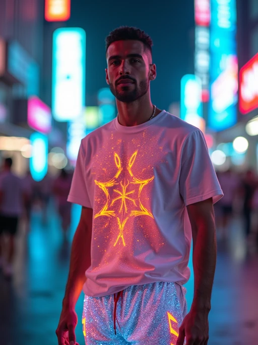 model wearing sporty neon if(gender=f){crop top} if(gender=m){t-shirt} and holographic joggers in a dystopian digital cityscape