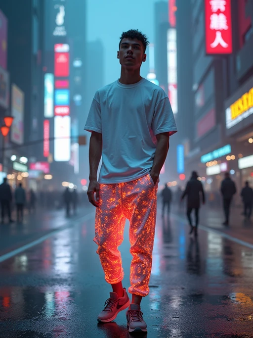 model wearing sporty neon if(gender=f){crop top} if(gender=m){t-shirt} and holographic joggers in a dystopian digital cityscape