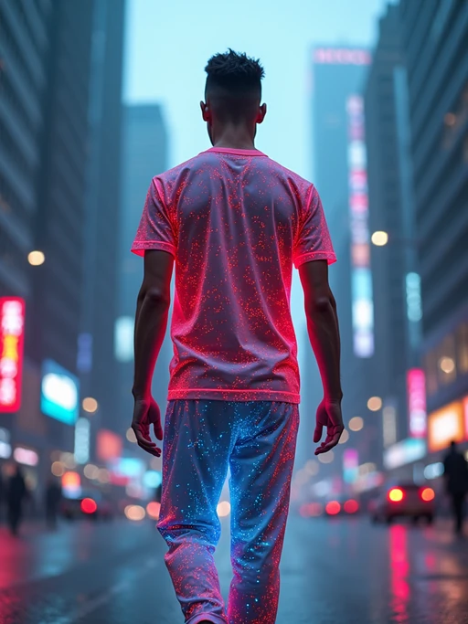 model wearing sporty neon if(gender=f){crop top} if(gender=m){t-shirt} and holographic joggers in a dystopian digital cityscape