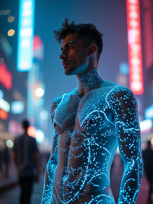 model wearing if(gender=f){holographic bodycon dress} if(gender=m){holographic nightclub outfit} in a cybernetic cityscape