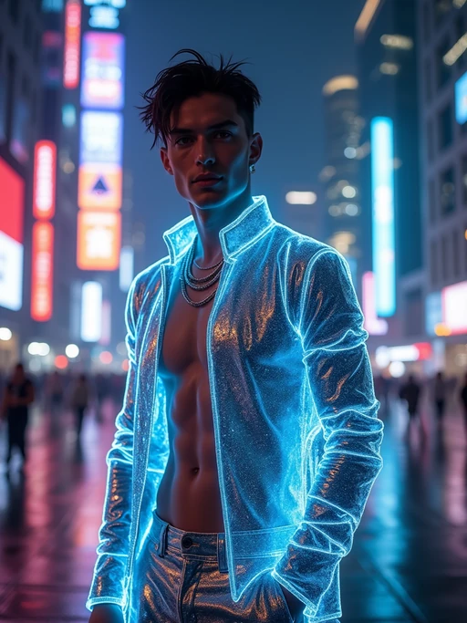 model wearing if(gender=f){holographic bodycon dress} if(gender=m){holographic nightclub outfit} in a cybernetic cityscape
