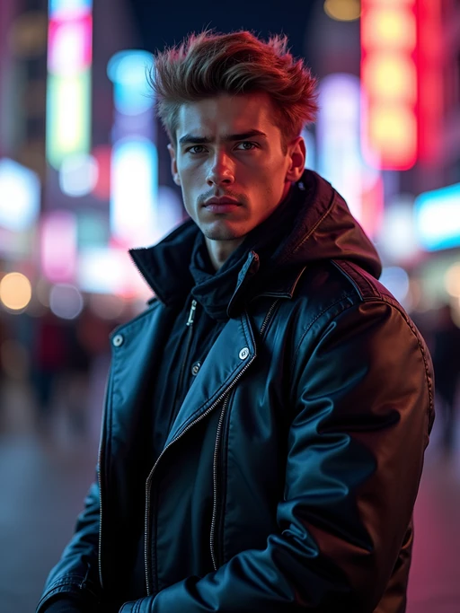 cosplayer model in a cyberpunk outfit, posing against the backdrop of bright city lights