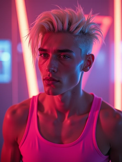 model with platinum blonde hair, in neon bar, cyberpunk, pink latex crop top, professional award winning photography, beautiful detailed eyes, highly detailed glossy eyes, high detailed skin, skin pores