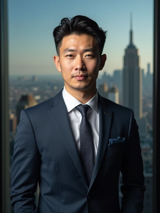 8k professional headshot of model, crisp details, studio backdrop, executive attire, confident posture, neutral expression, high-definition, corporate setting, sharp focus, ambient lighting, business professional, cityscape view