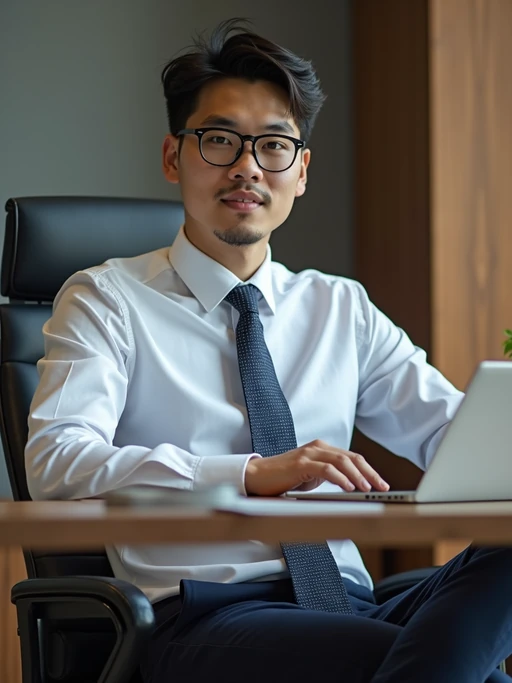 headshot of model, sitting at a desk, at a (office), if(gender=f){BREAK elegant blouse, pencil skirt, makeup} if(gender=m){shirt and tie and suit pants}