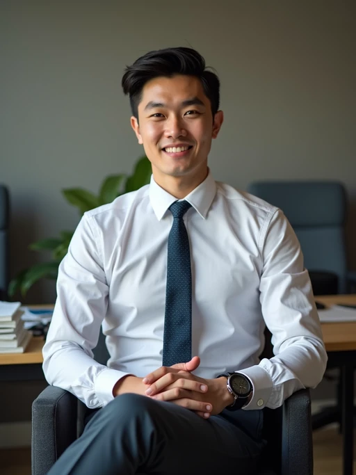 headshot of model, sitting at a desk, at a (office), if(gender=f){BREAK elegant blouse, pencil skirt, makeup} if(gender=m){shirt and tie and suit pants}