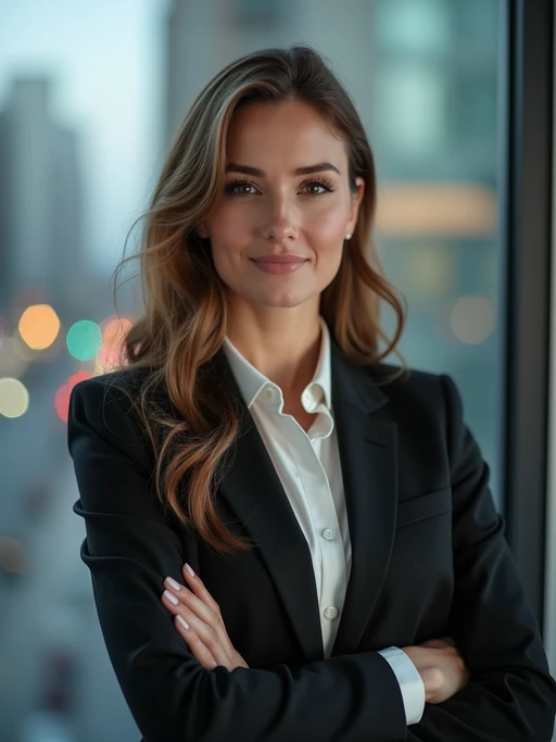 8k professional headshot of model, crisp details, studio backdrop, executive attire, confident posture, neutral expression, high-definition, corporate setting, sharp focus, ambient lighting, business professional, cityscape view