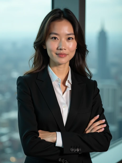 8k professional headshot of model, crisp details, studio backdrop, executive attire, confident posture, neutral expression, high-definition, corporate setting, sharp focus, ambient lighting, business professional, cityscape view