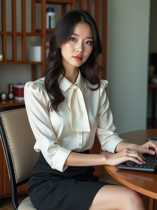 headshot of model, sitting at a desk, at a (office), if(gender=f){BREAK elegant blouse, pencil skirt, makeup} if(gender=m){shirt and tie and suit pants}