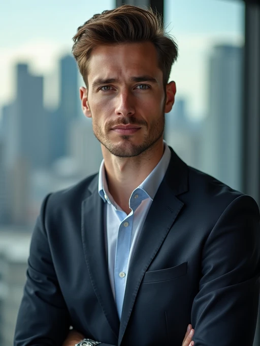 8k professional headshot of model, crisp details, studio backdrop, executive attire, confident posture, neutral expression, high-definition, corporate setting, sharp focus, ambient lighting, business professional, cityscape view