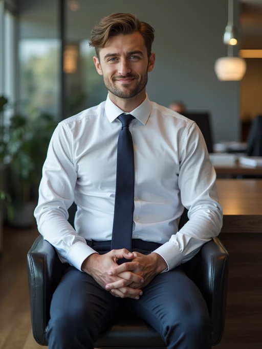 headshot of model, sitting at a desk, at a (office), if(gender=f){BREAK elegant blouse, pencil skirt, makeup} if(gender=m){shirt and tie and suit pants}