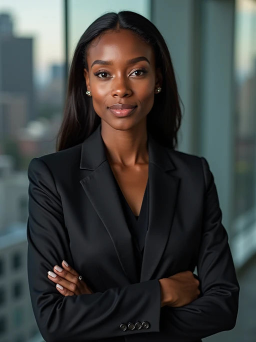 8k professional headshot of model, crisp details, studio backdrop, executive attire, confident posture, neutral expression, high-definition, corporate setting, sharp focus, ambient lighting, business professional, cityscape view