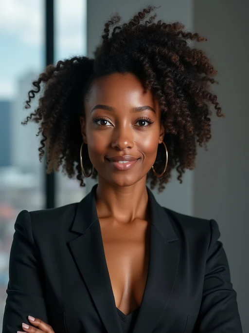 8k professional headshot of model, crisp details, studio backdrop, executive attire, confident posture, neutral expression, high-definition, corporate setting, sharp focus, ambient lighting, business professional, cityscape view