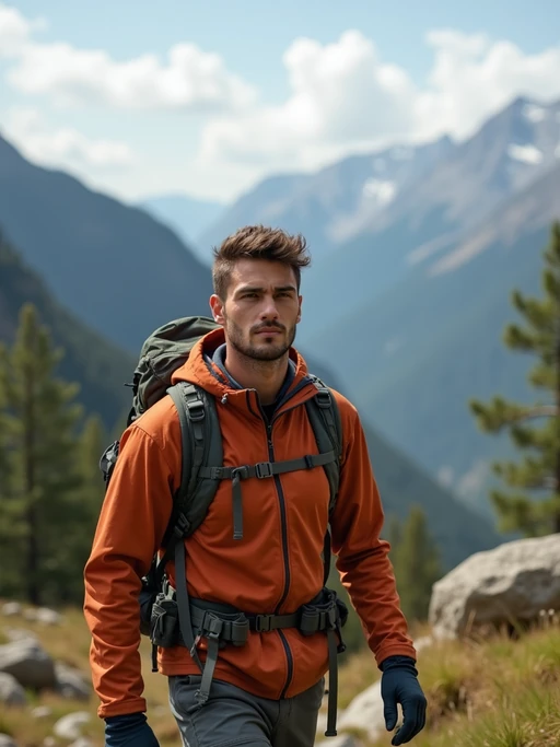 an adventurous if(gender=m){masculine} if(gender=f){feminine} model hiking in the mountains