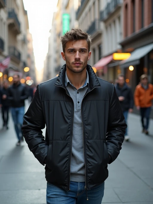 a confident if(gender=m){masculine} if(gender=f){feminine} model exploring a bustling city street