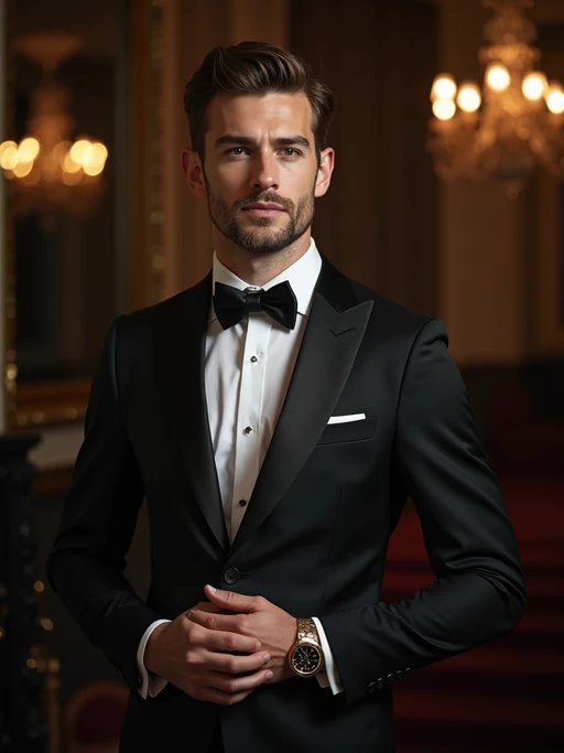 an alluring if(gender=m){masculine} if(gender=f){feminine} model dressed in elegant evening wear
