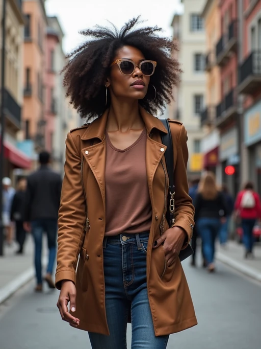 a confident if(gender=m){masculine} if(gender=f){feminine} model exploring a bustling city street
